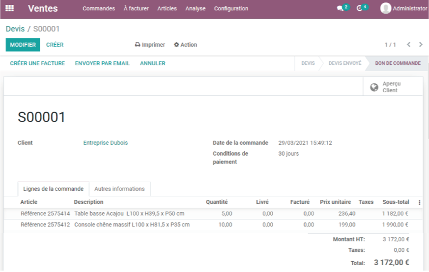 Création d'un devis client avec le module de gestion des ventes Odoo.